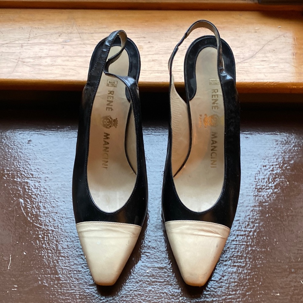 Renee Mancini Sling back black patent and bone size 71/2